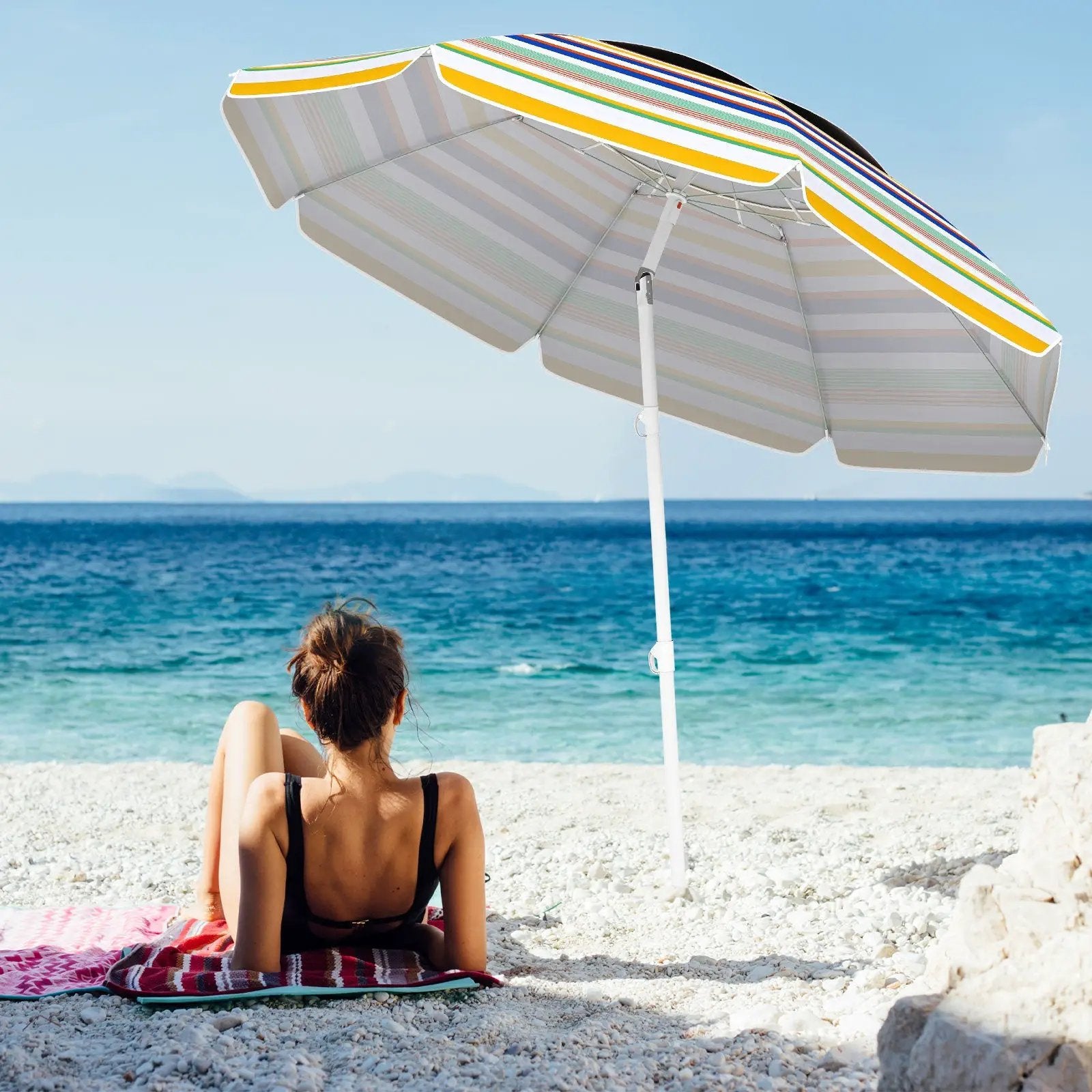 6.5 Feet Beach Umbrella with UPF50+ Sun Protection and Push Button Tilt-Colorful by DirectDeals