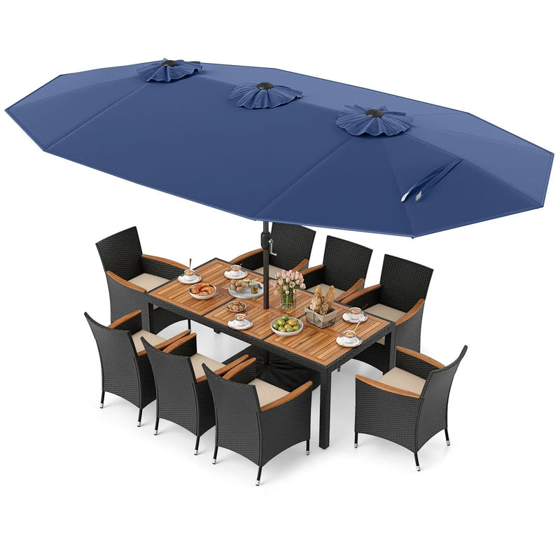 10 Piece Outdoor Dining Set with 15 Feet Double-Sided Twin Umbrella by DirectDeals