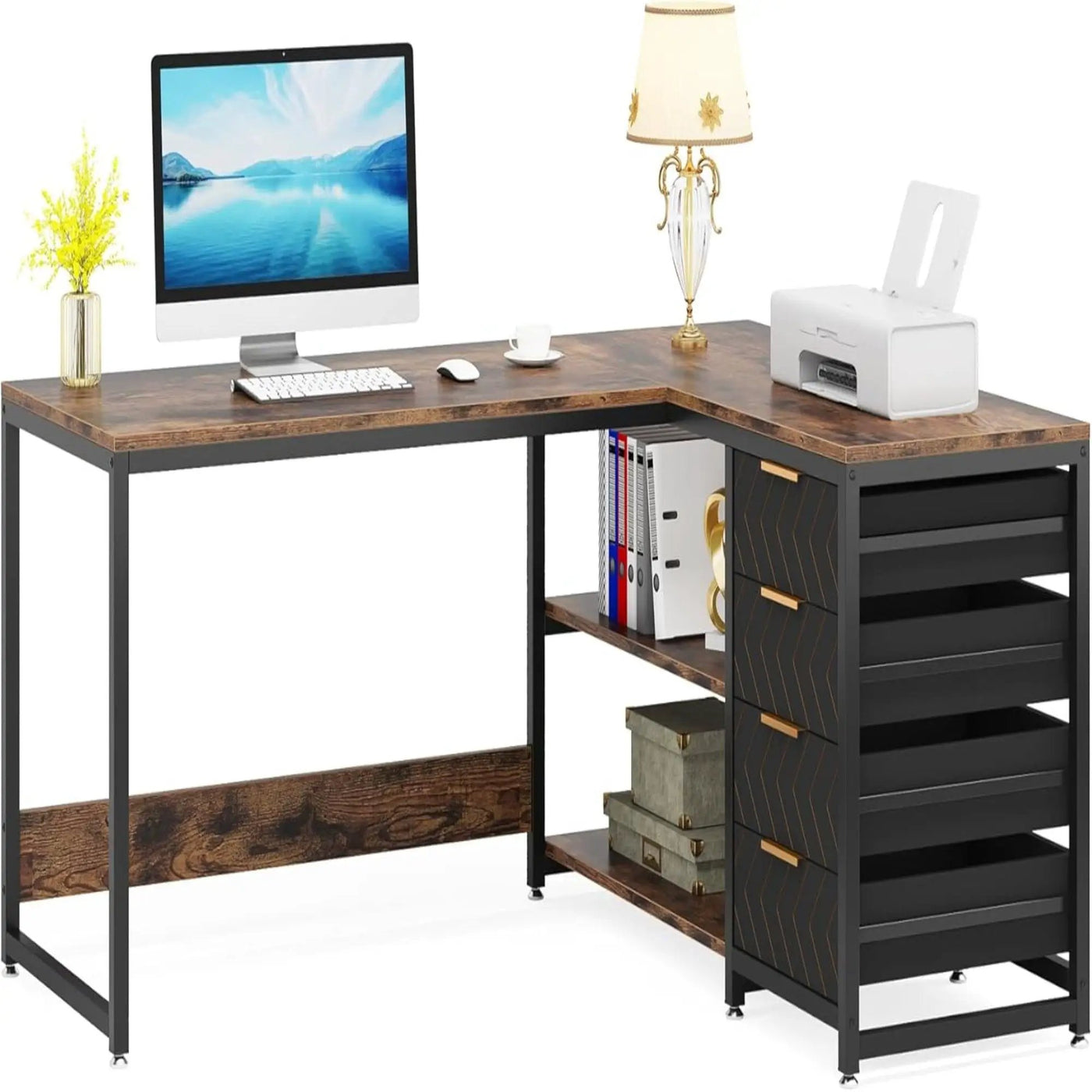 L-Shaped Computer Desk With Drawers And Shelves, Workstation For Home Office by HouseOfZazla