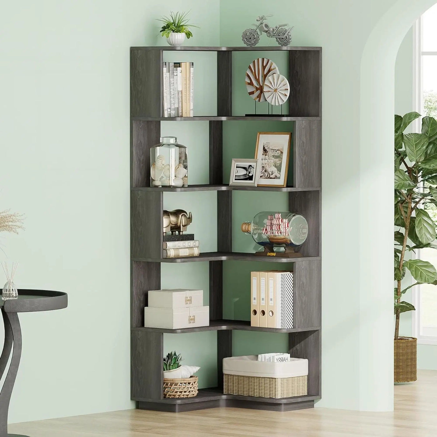 6 Tier Corner Bookshelf, L-Shaped Freestanding Shelf With Anti Drop Panels by HouseOfZazla