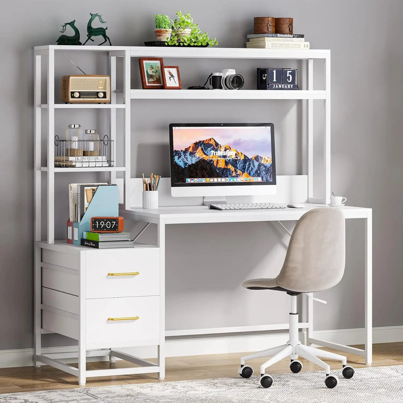 Computer Desk With Hutch, 2 Drawers & Open Shelves by HouseOfZazla