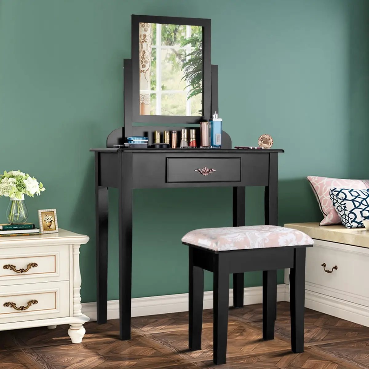 Vanity Dressing Table Stool Set with Large Makeup Mirror by DirectDeals