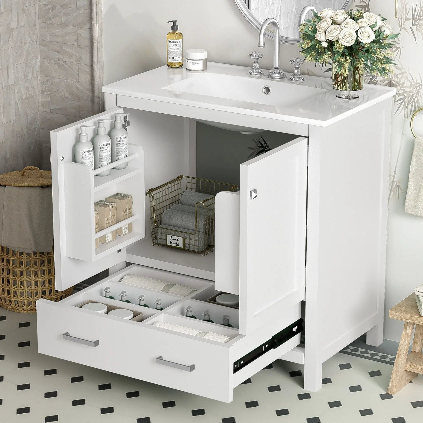 Bathroom Vanity With Single Sink, Combo Cabinet Undermount Sink, Bathroom Storage Cabinet With Two Doors And A Drawer, Soft Closing, Multifunctional Storage, Solid Wood Frame by Unique Piece Furniture