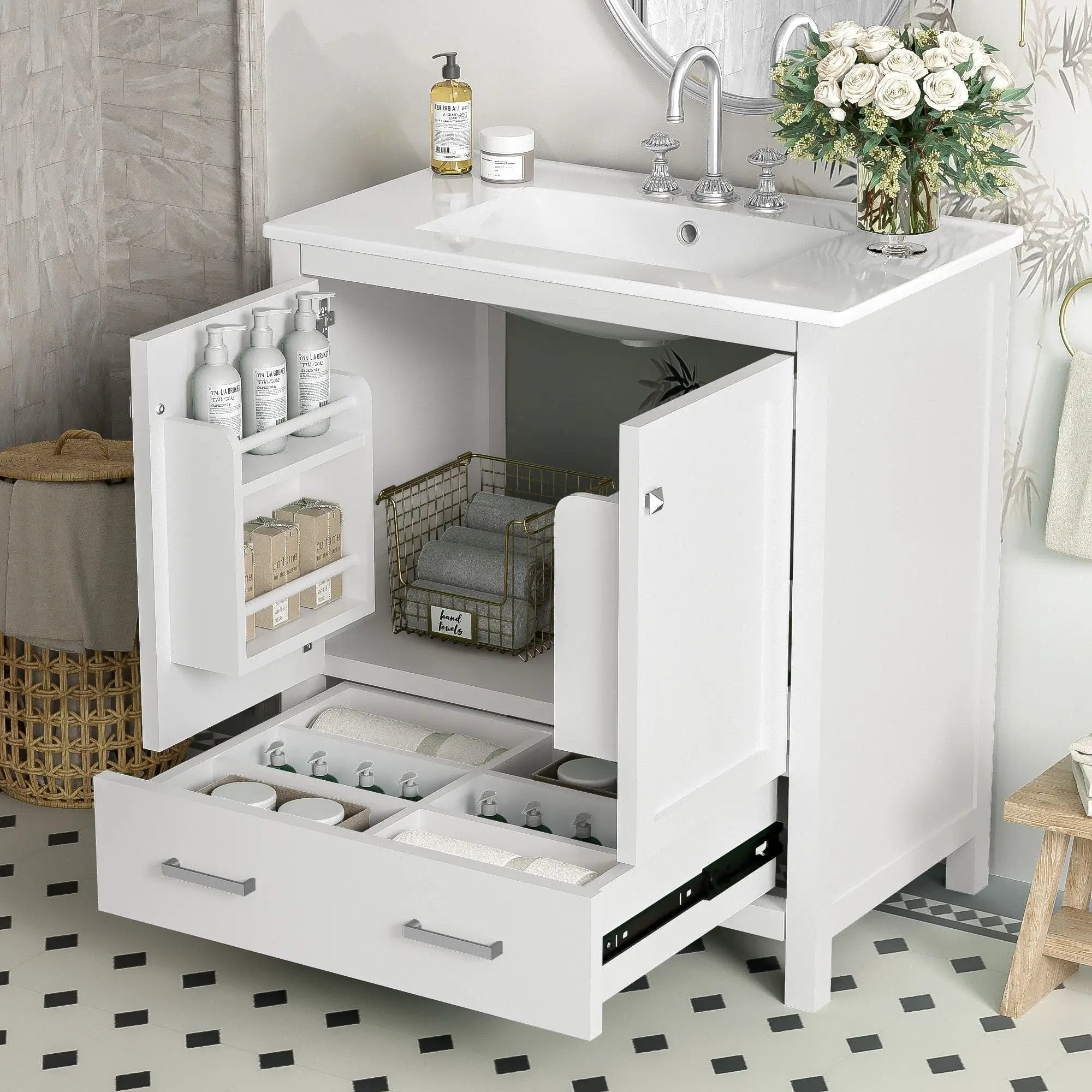 Bathroom Vanity With Single Sink, Combo Cabinet Undermount Sink, Bathroom Storage Cabinet With Two Doors And A Drawer, Soft Closing, Multifunctional Storage, Solid Wood Frame by HouseOfZazla