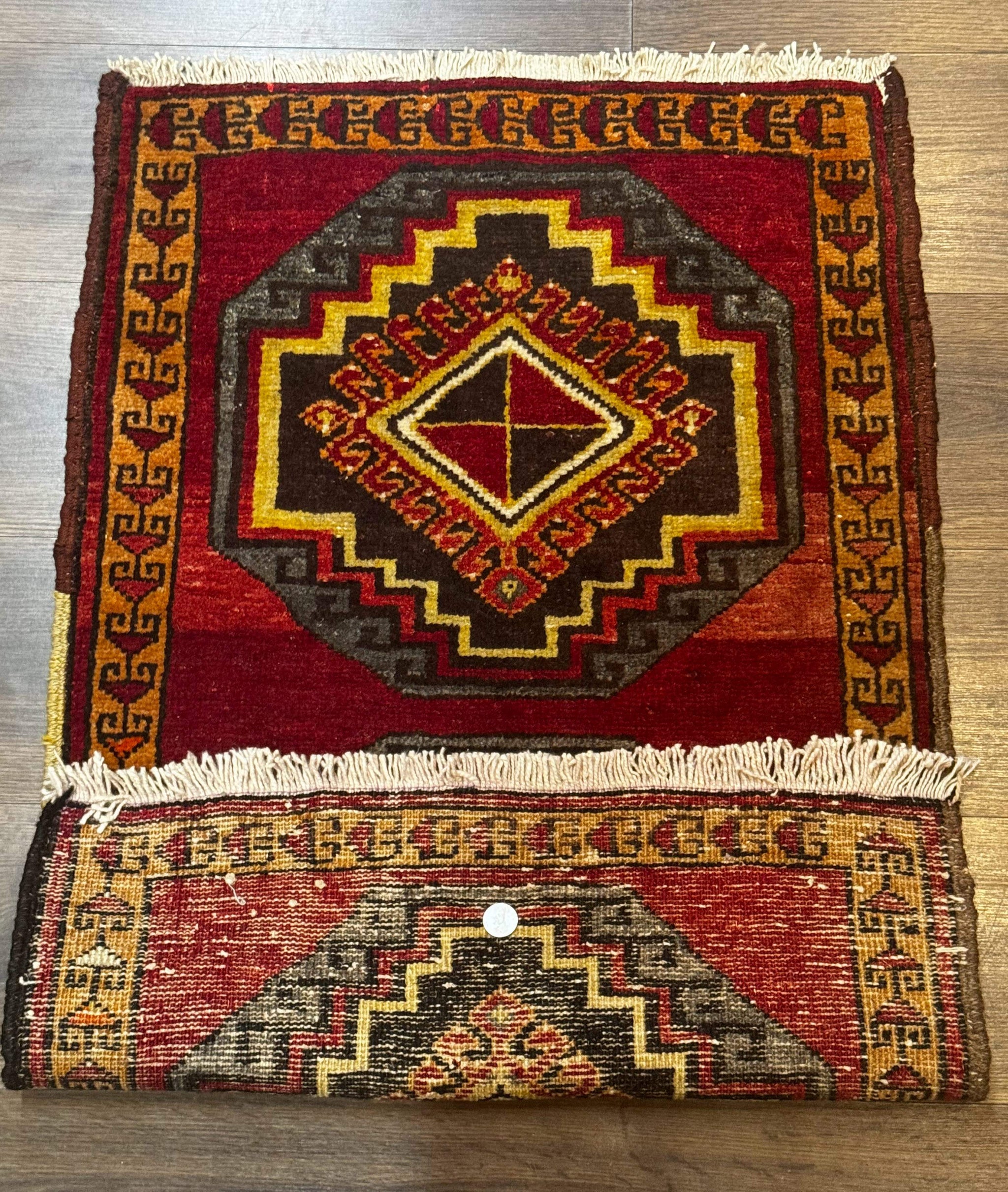 Small Antique Turkish Yastik Rug 2x3, Double Medallions, Geometric, Red, Wool by Jewel Rugs