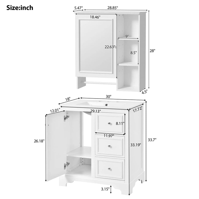 Bathroom Vanity With Sink, Modern Elegant Bathroom Storage Cabinet With 3 Drawers And Adjustable Shelves, Freestanding Vanity Set With Mirror Cabinet, Single Sink Bathroom Vanity by HouseOfZazla