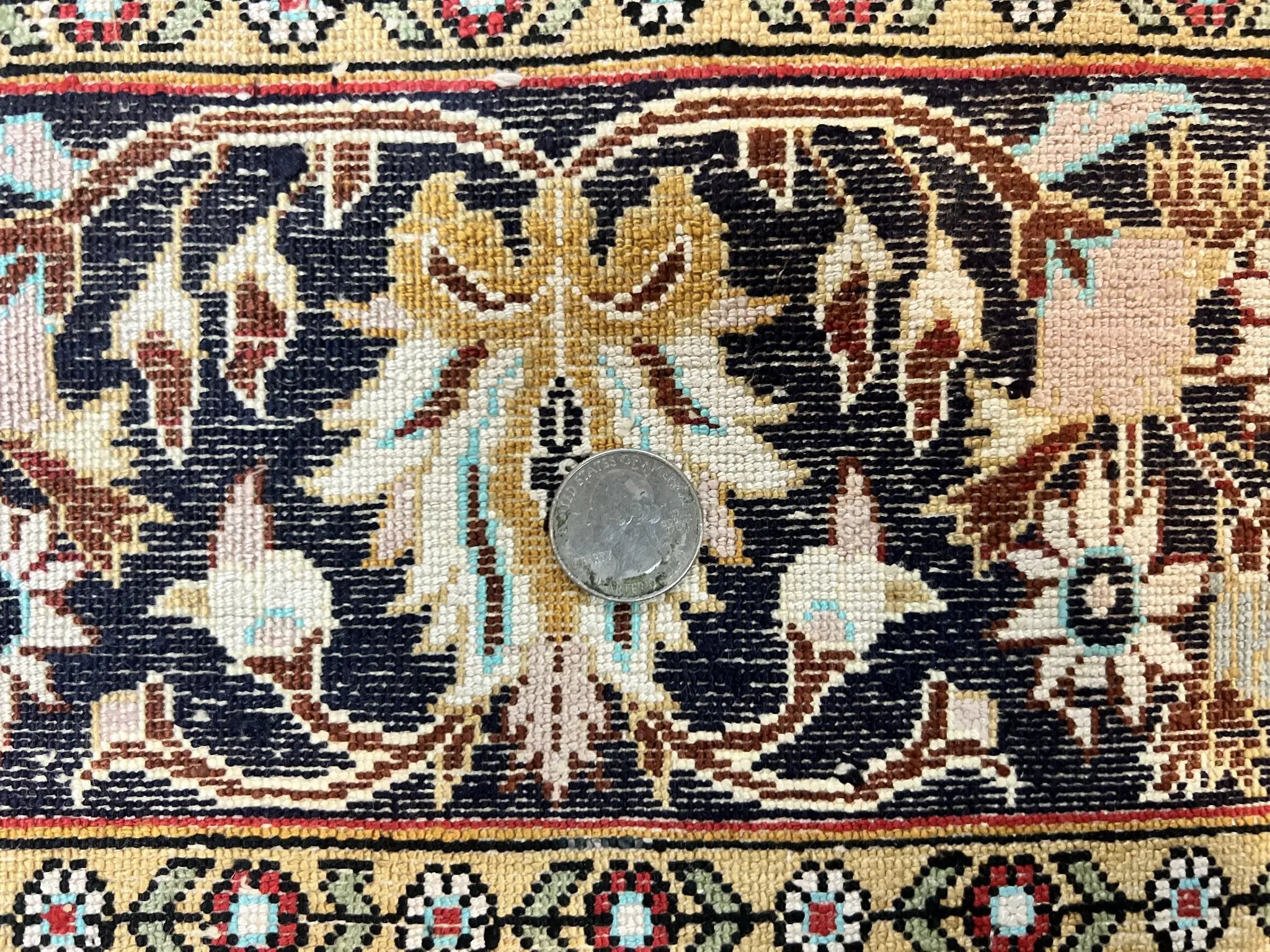 Silk Persian Qum Rug 4x5, Hand Knotted Vintage Carpet, Cream & Navy Blue, Silk Pile on Silk Foundation, Very Fine 360 KPSI by Jewel Rugs