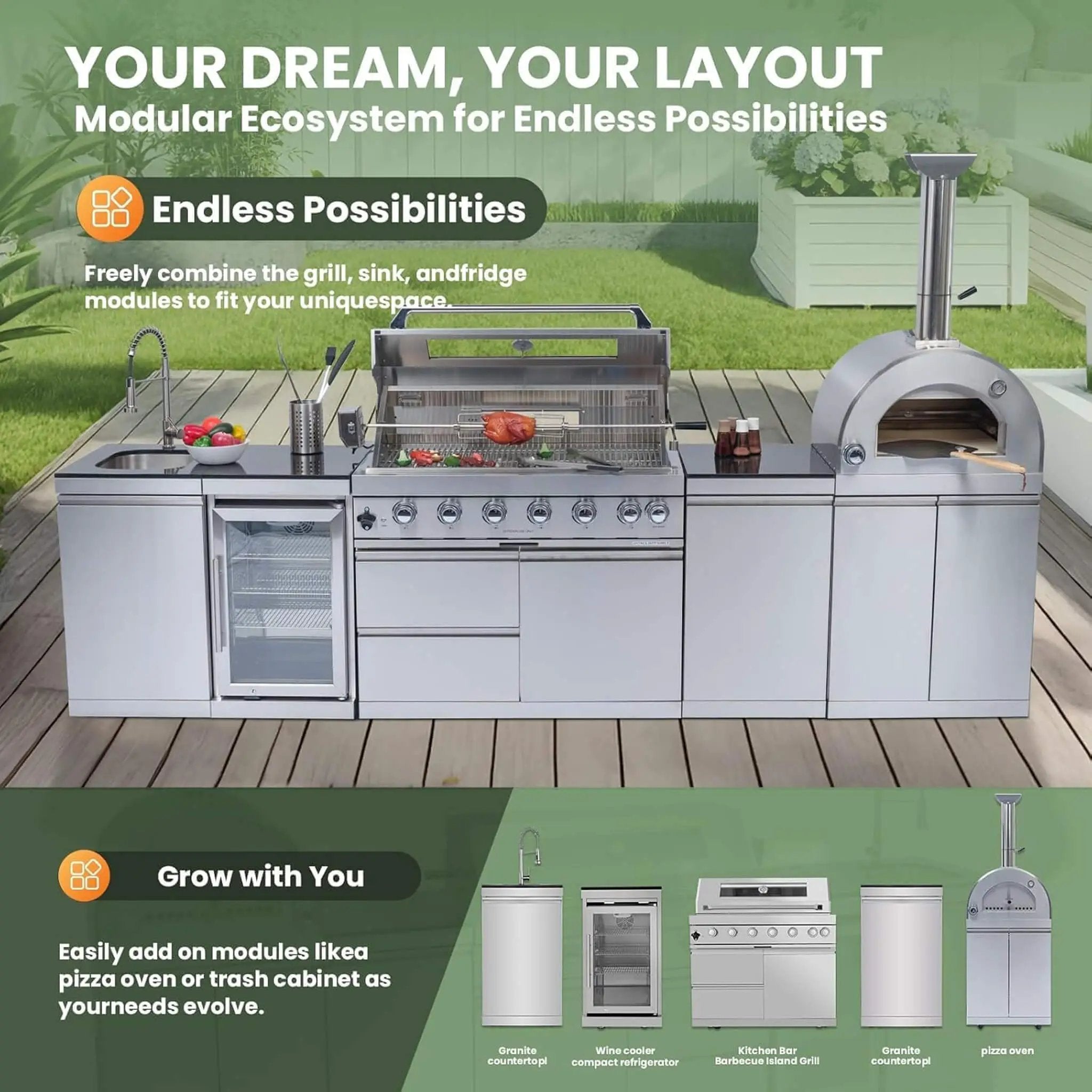 Blazon 128-Inch 6-Burner 120K BTU Outdoor Kitchen Island With Pizza Oven, Rotisserie & Refrigerator (SAK75770) by SAKSBY WHOLESALE