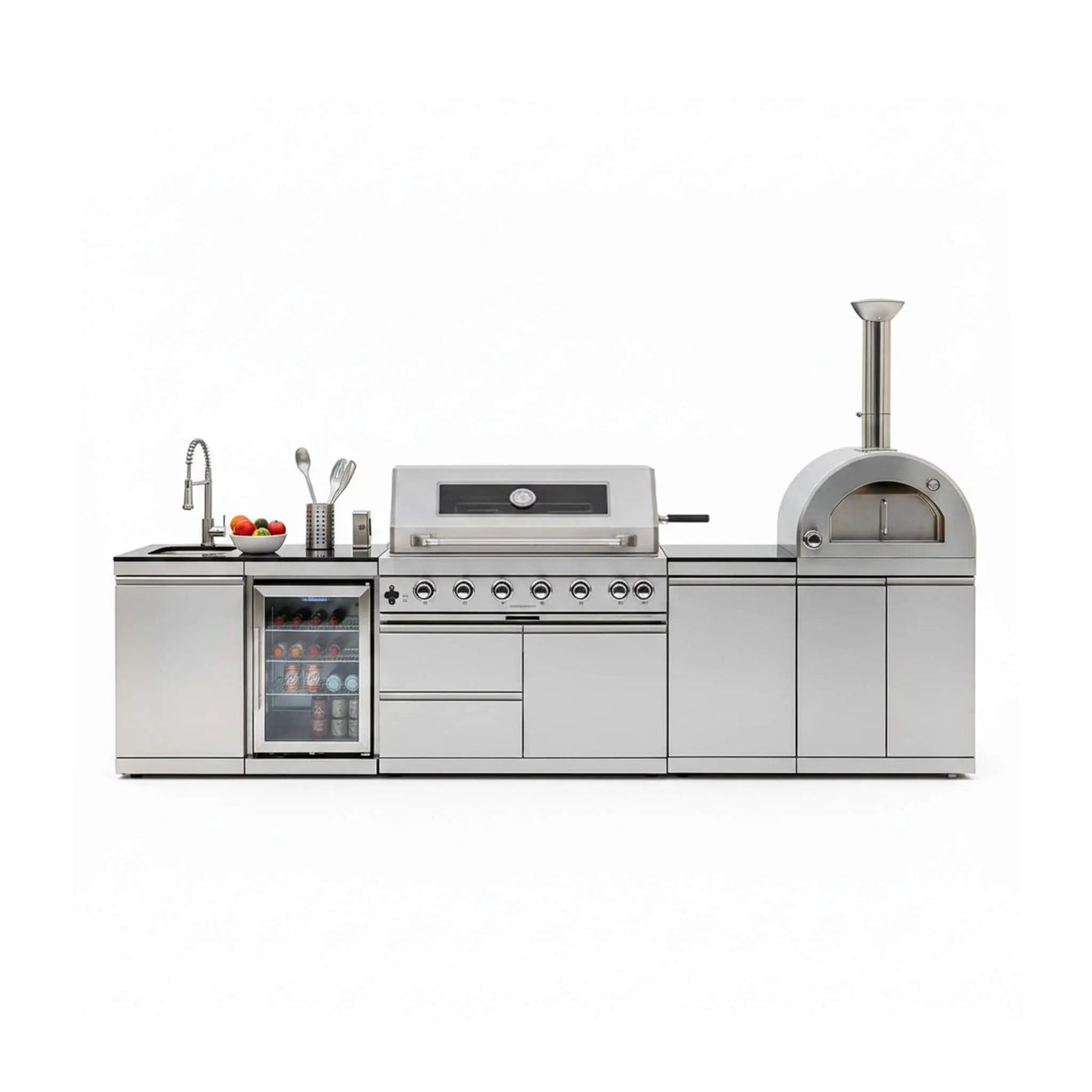 Blazon 128-Inch 6-Burner 120K BTU Outdoor Kitchen Island With Pizza Oven, Rotisserie & Refrigerator (SAK75770) by SAKSBY WHOLESALE