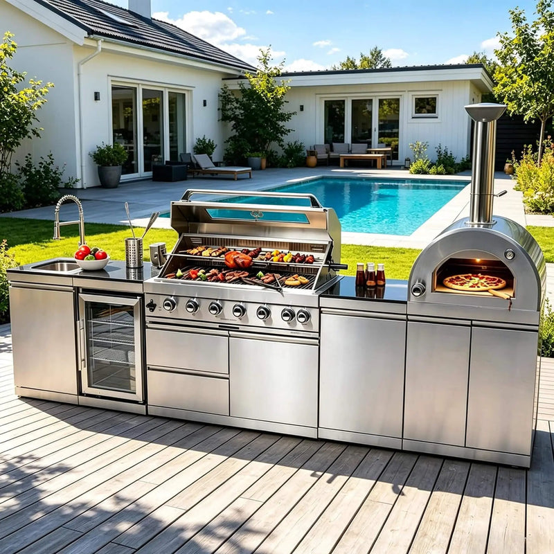 Blazon 128-Inch 6-Burner 120K BTU Outdoor Kitchen Island With Pizza Oven, Rotisserie & Refrigerator (SAK75770) by SAKSBY WHOLESALE