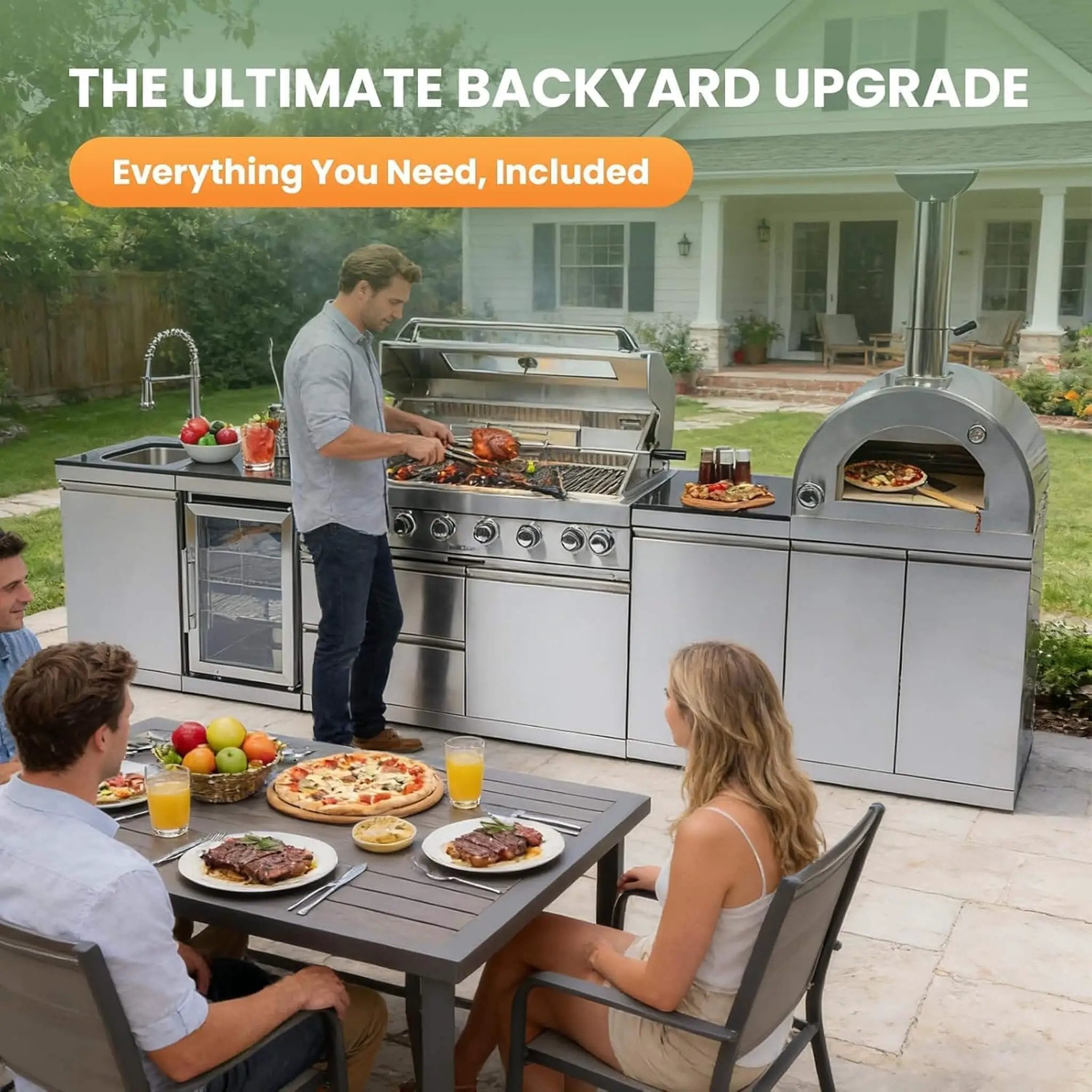 Blazon 128-Inch 6-Burner 120K BTU Outdoor Kitchen Island With Pizza Oven, Rotisserie & Refrigerator (SAK75770) by SAKSBY WHOLESALE