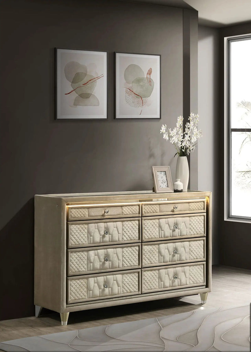 Lorient 8-drawer LED Bedroom Dresser Cabinet Ivory and Camel by Unique Piece Furniture