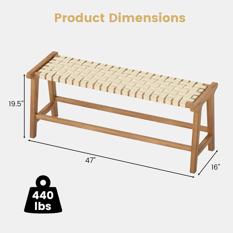 47 Inches Long Teak Wood Patio Bench with Weave Seat and Solid Wood Legs-Natural by DirectDeals