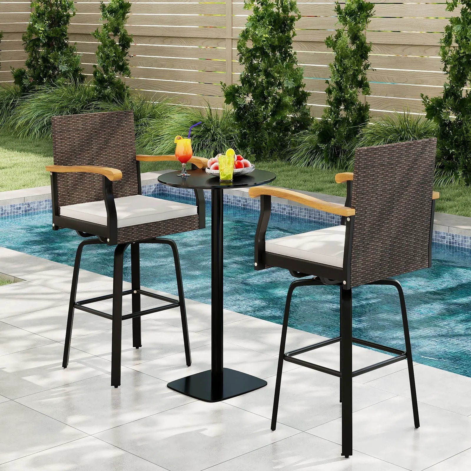 Set of 2 Outdoor 360¬∞ Swivel Bar Stool with Cushion and Acacia Wood Armrests by DirectDeals