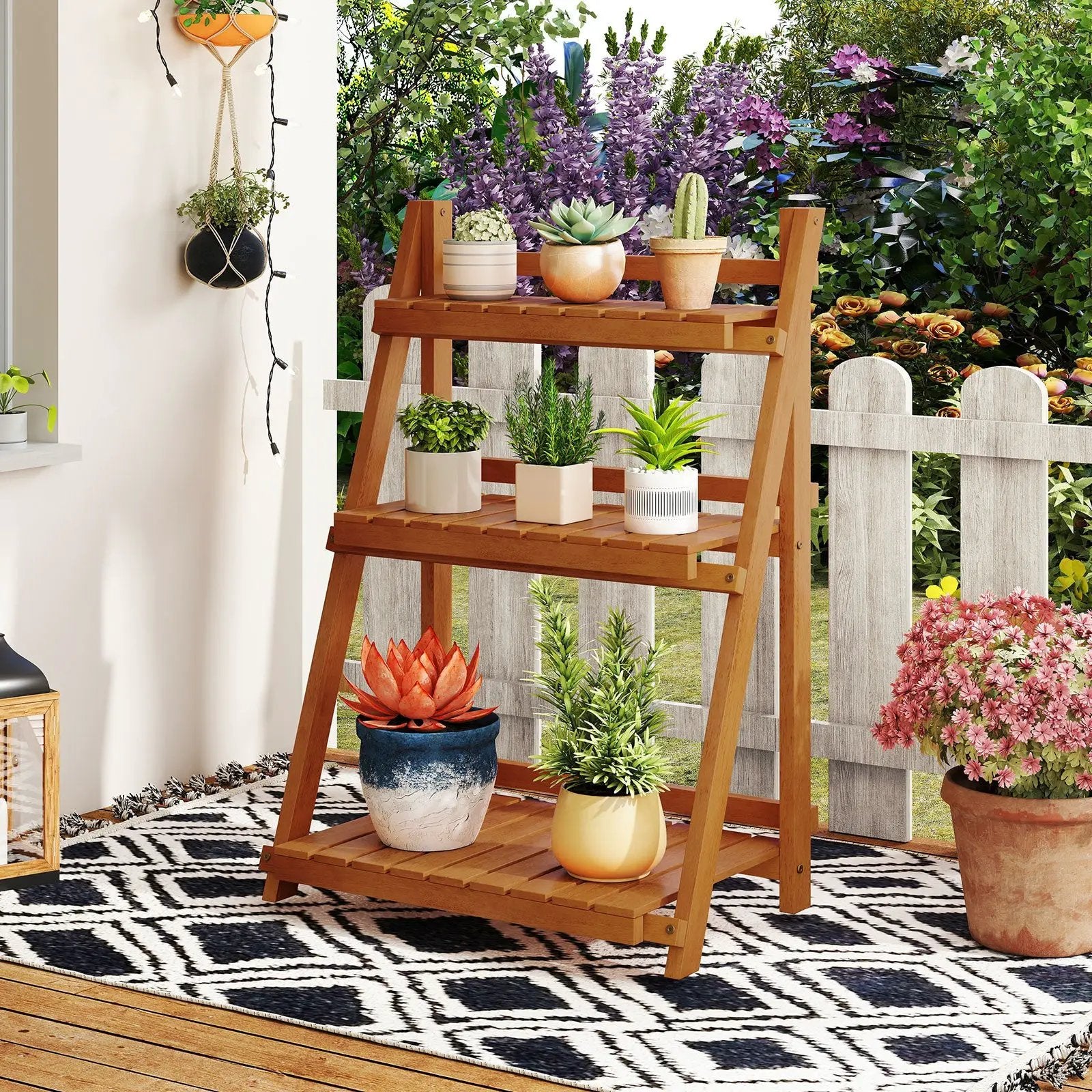 Foldable 3-Tier Solid Wood Plant Stand for Patio Balcony by DirectDeals