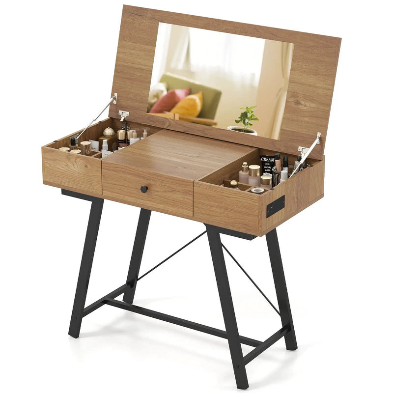 Vanity Desk with Flip Top Mirror Makeup Dressing Table-Rustic Brown by DirectDeals