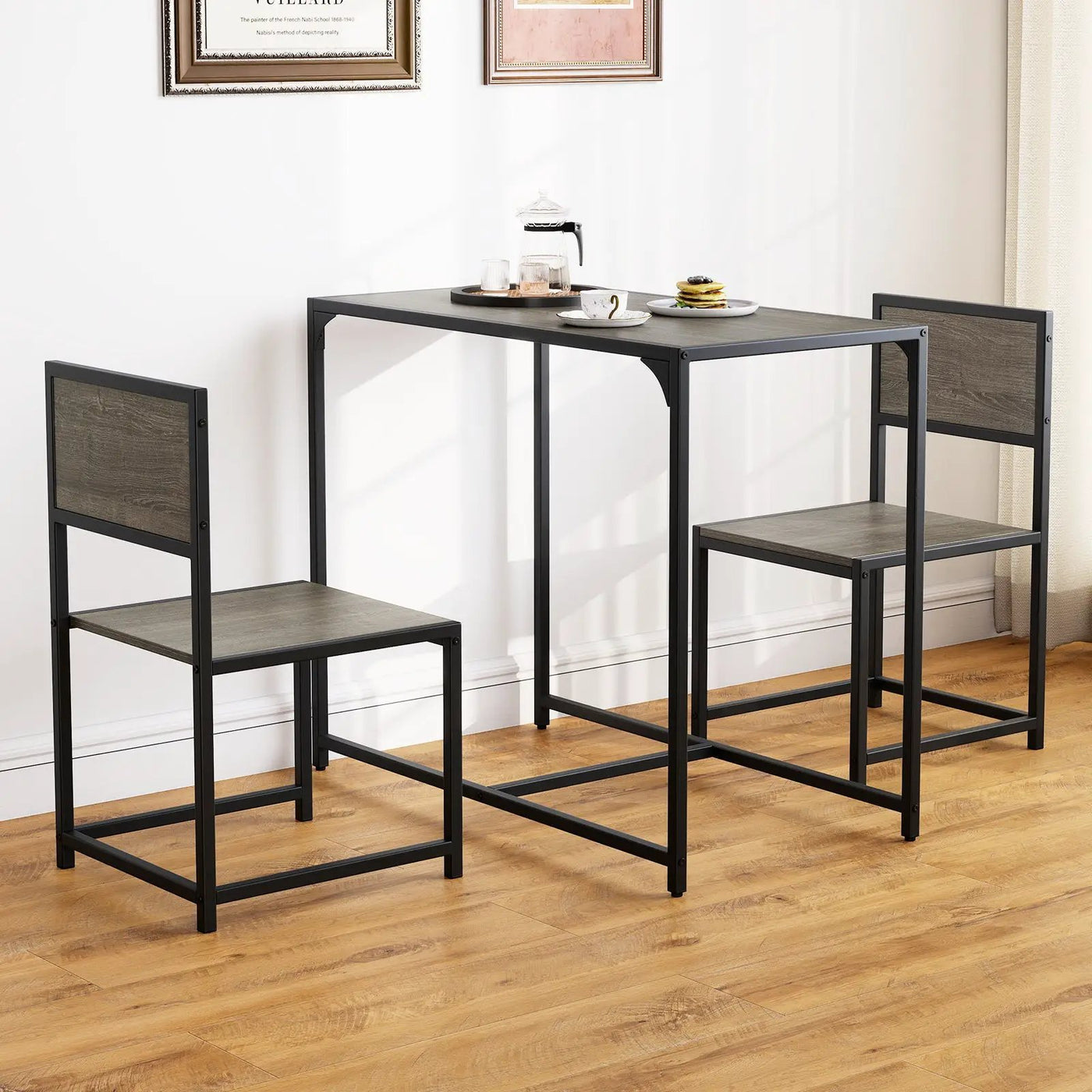 3 Pcs Dining Set Compact Table and 2 Chair with Metal Frame for for Small Space by DirectDeals