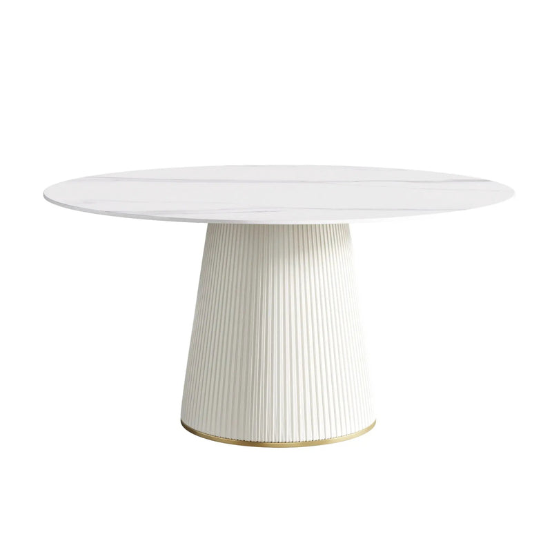 Modern Artificial Stone Round Plywood Base Dining Table, Can Accommodate 8 People, (Not Including Chairs) - White / Beige by HouseOfZazla
