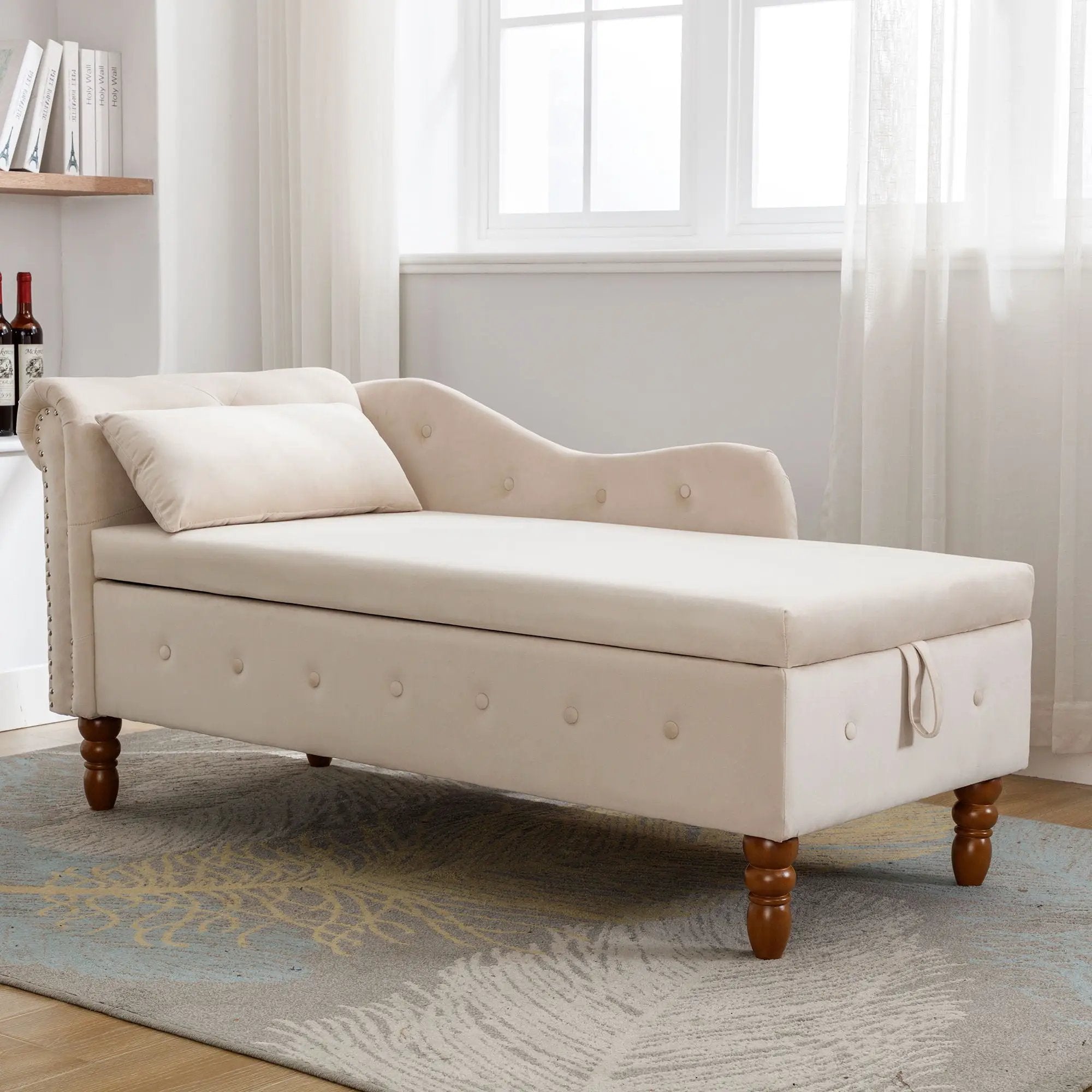 Chaise Lounge Indoor, Lounge Chair For Bedroom With Storage & Pillow, Modern Upholstered Rolled Arm Chase Lounge For Sleeping With Nailhead Trim For Living Room Bedroom Office by HouseOfZazla
