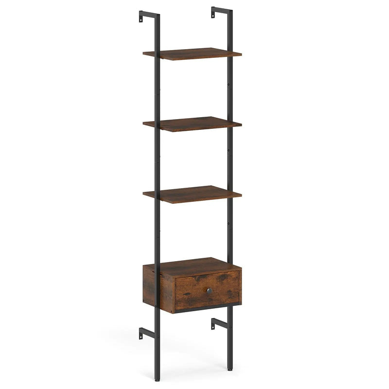 5-Tier Ladder Bookcase with Drawer and Metal Frame for Study Home Office-Rustic Brown by DirectDeals