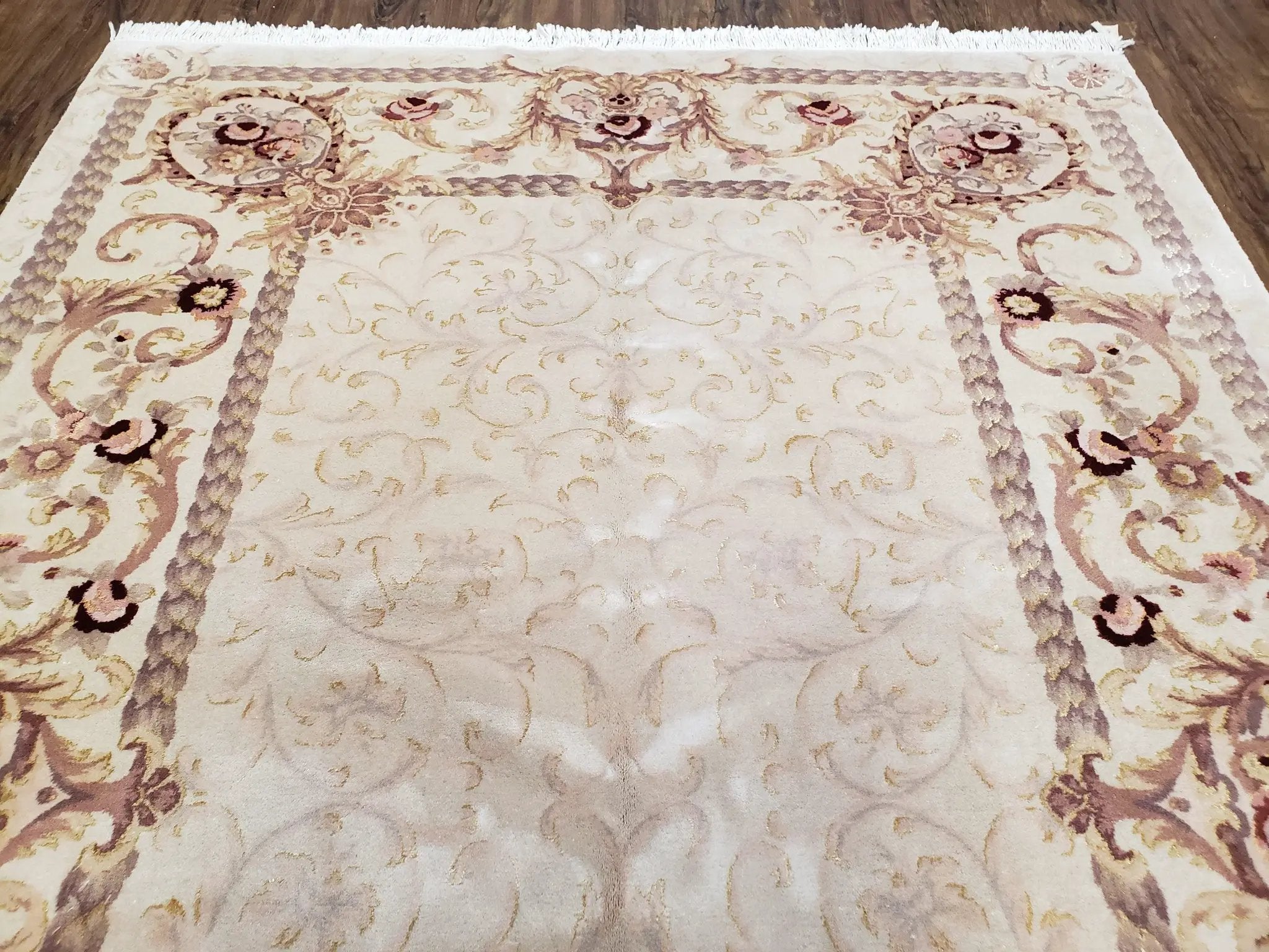 Vintage Ivory Chinese Aubusson Area Rug 6x9, Wool & Silk, Hand-Knotted 120 Line Fine Rug, European Design Carpet, 6 x 9 Master Signature Rug by Jewel Rugs