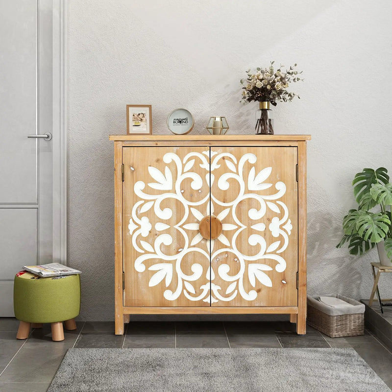 Rustic Wooden Accent Cabinet with Floral Carved Doors by HouseOfZazla