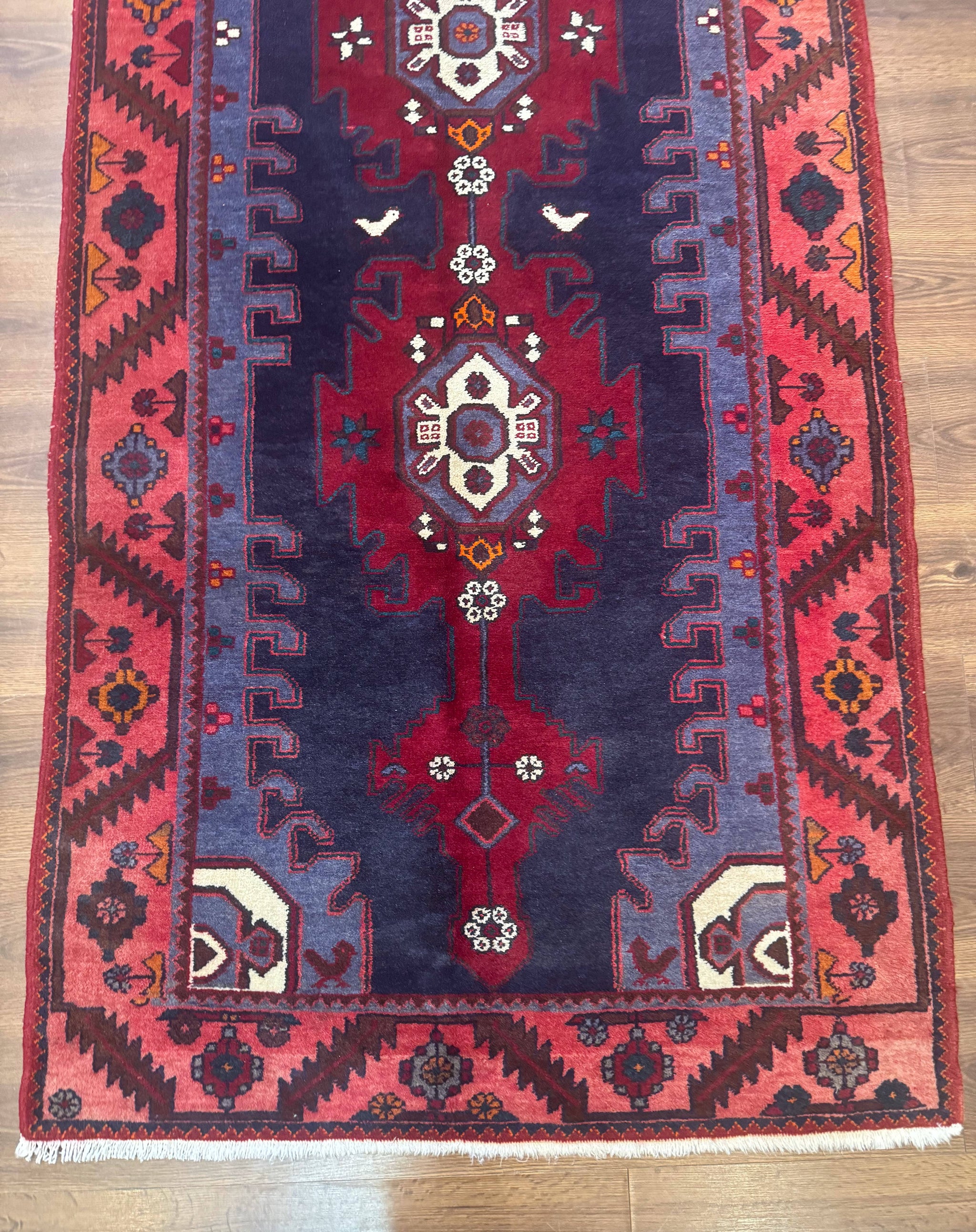 Persian Karajeh Runner Rug 3.6 x 9.5, Geometric Medallions, Tribal Village Rug, Navy Blue, Handmade by Jewel Rugs