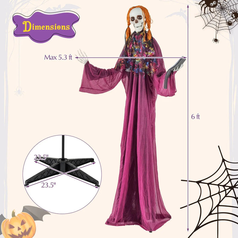 6 Feet Halloween Animatronic Standing Girl Holding Book with Sound-Activated Light-up Eyes and Moving Arms & Head by DirectDeals