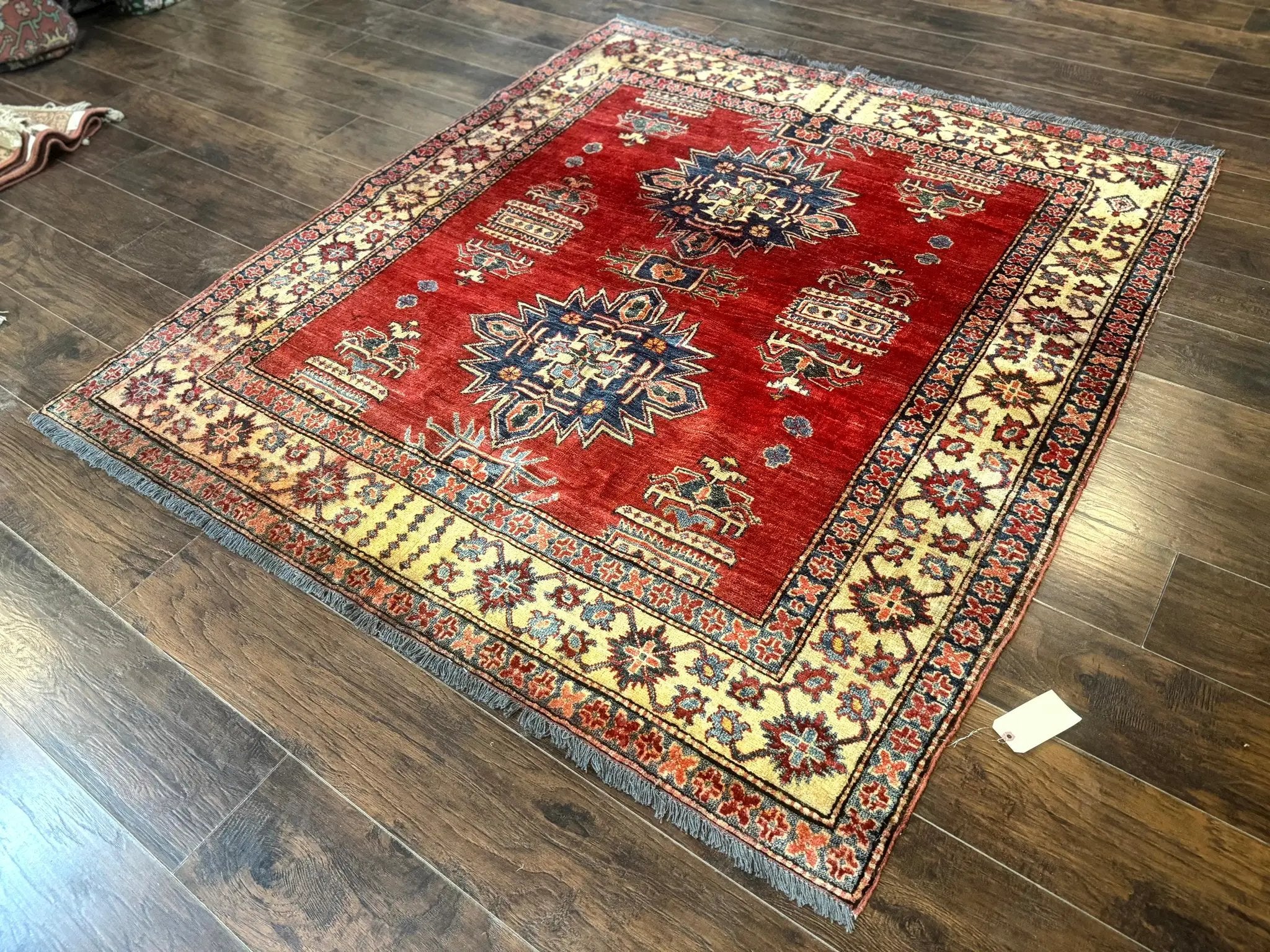 Square Turkish Rug 6x6, Azerbaijani Azeri Turkish Armenian Rug, Red Tan Blue, Geometric, Wool Carpet by Jewel Rugs