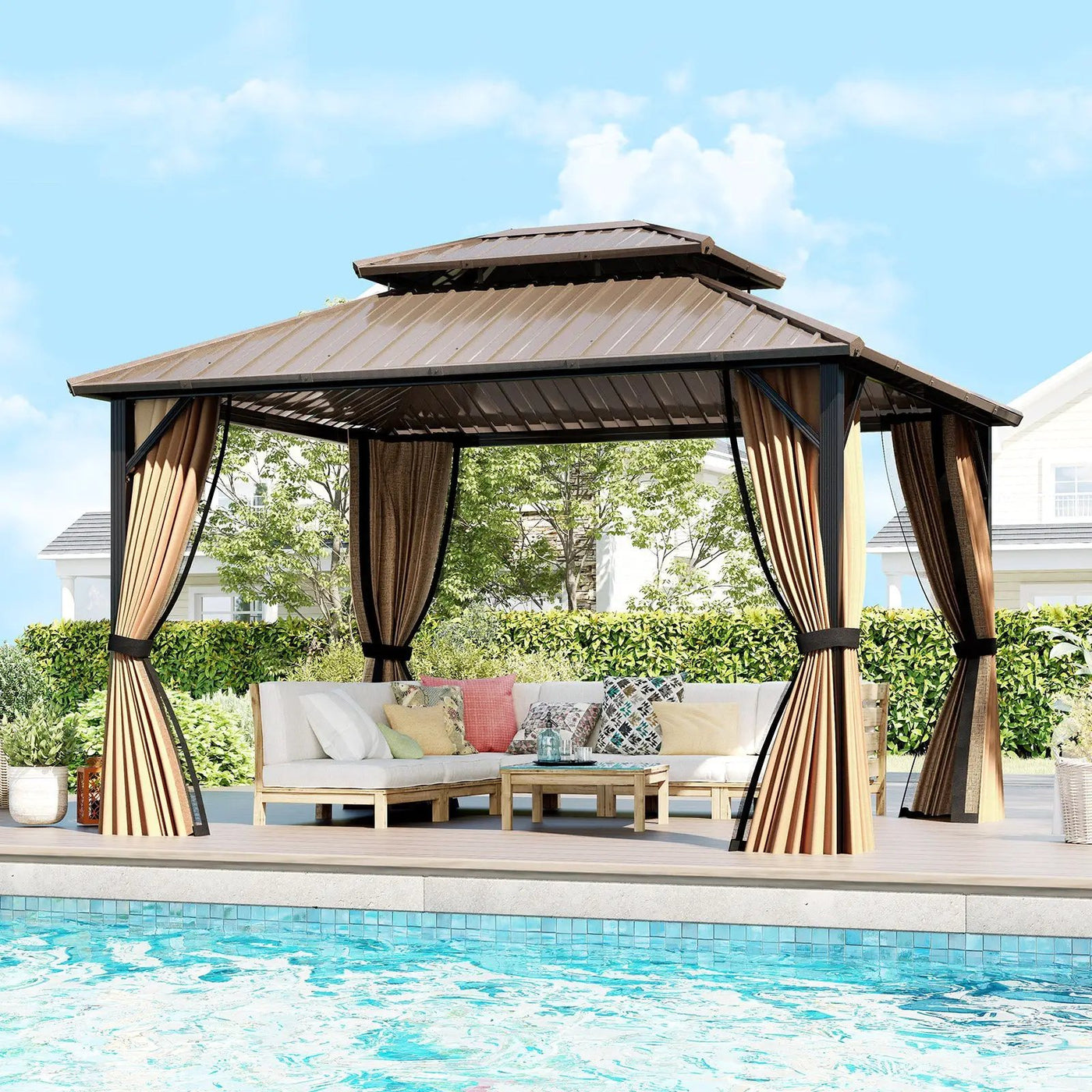 Hardtop Gazebo 10x10 ft with Netting and Curtains by DirectDeals