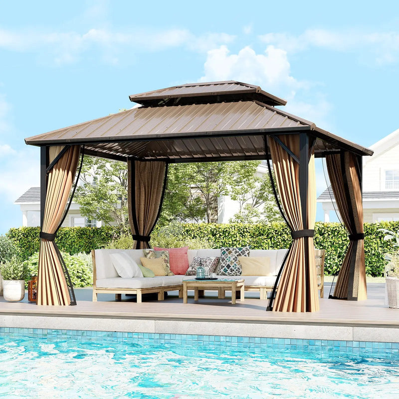 Hardtop Gazebo 10x10 ft with Netting and Curtains by DirectDeals