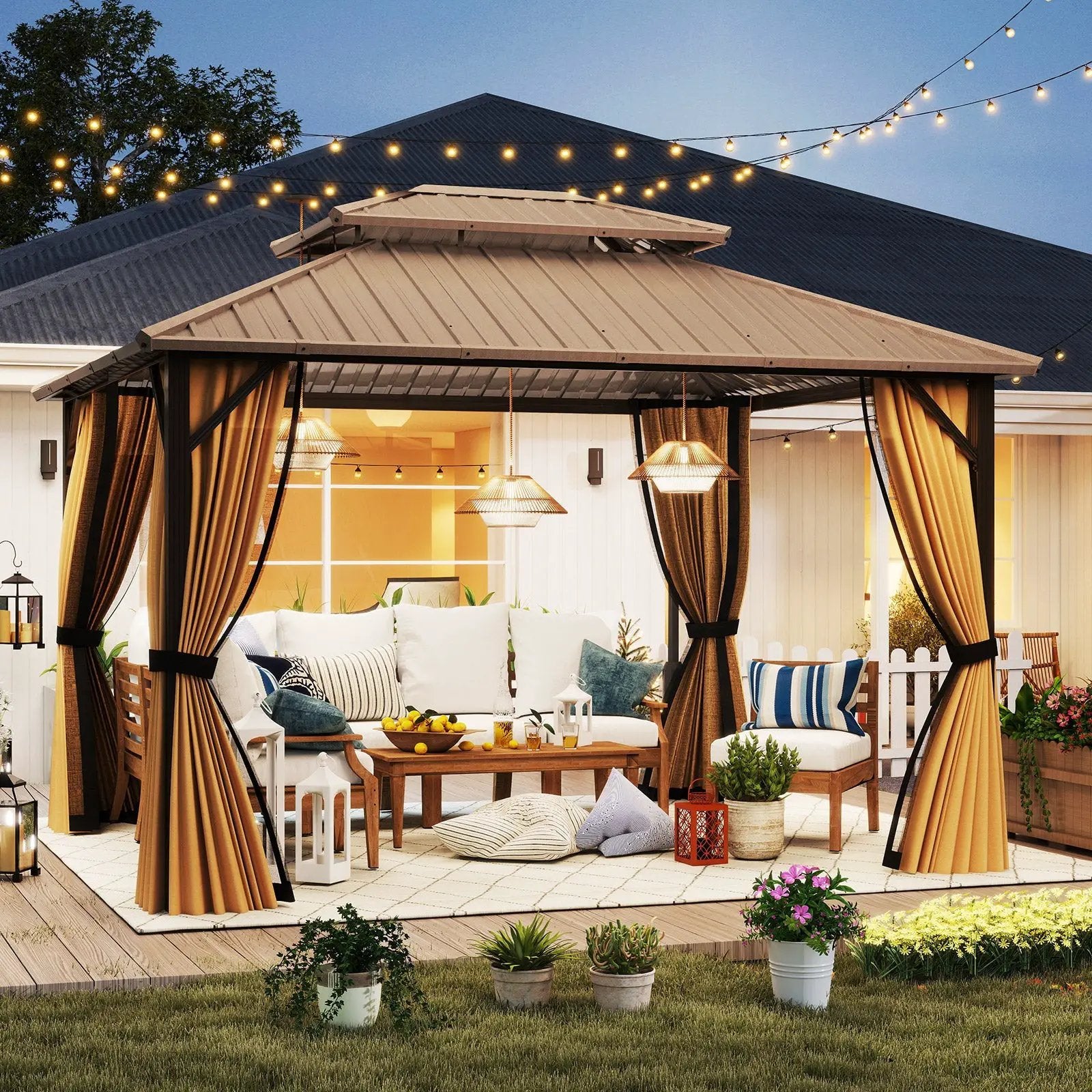 Hardtop Gazebo 10x10 ft with Netting and Curtains by DirectDeals