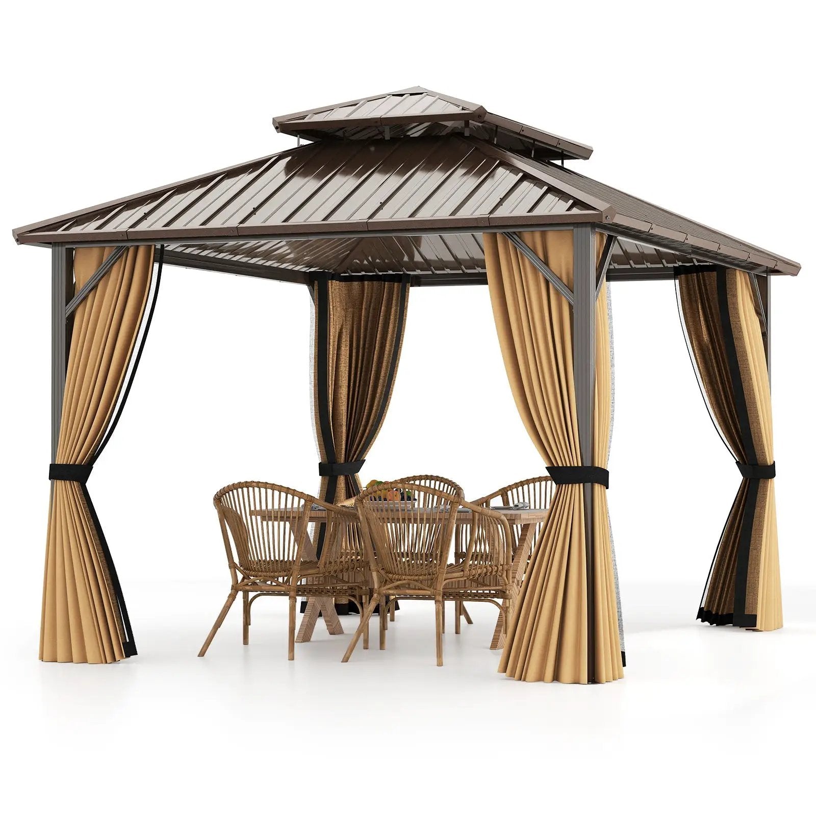 Hardtop Gazebo 10x10 ft with Netting and Curtains by DirectDeals