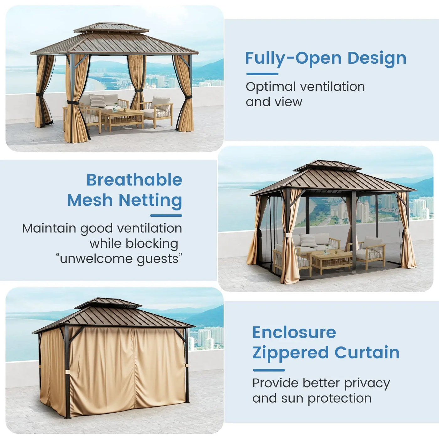 Hardtop Gazebo 10x10 ft with Netting and Curtains by DirectDeals