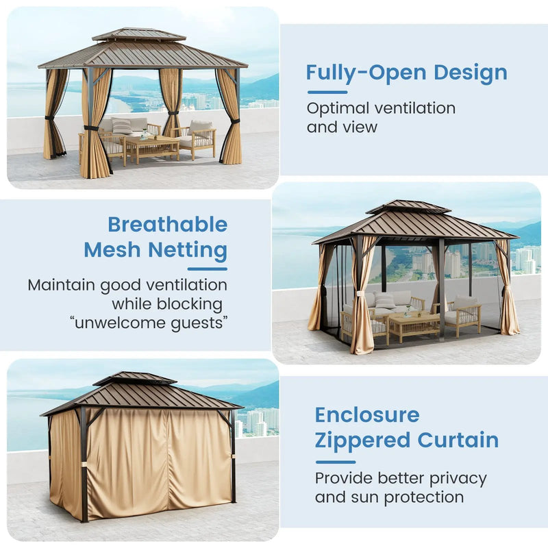 Hardtop Gazebo 10x10 ft with Netting and Curtains by DirectDeals