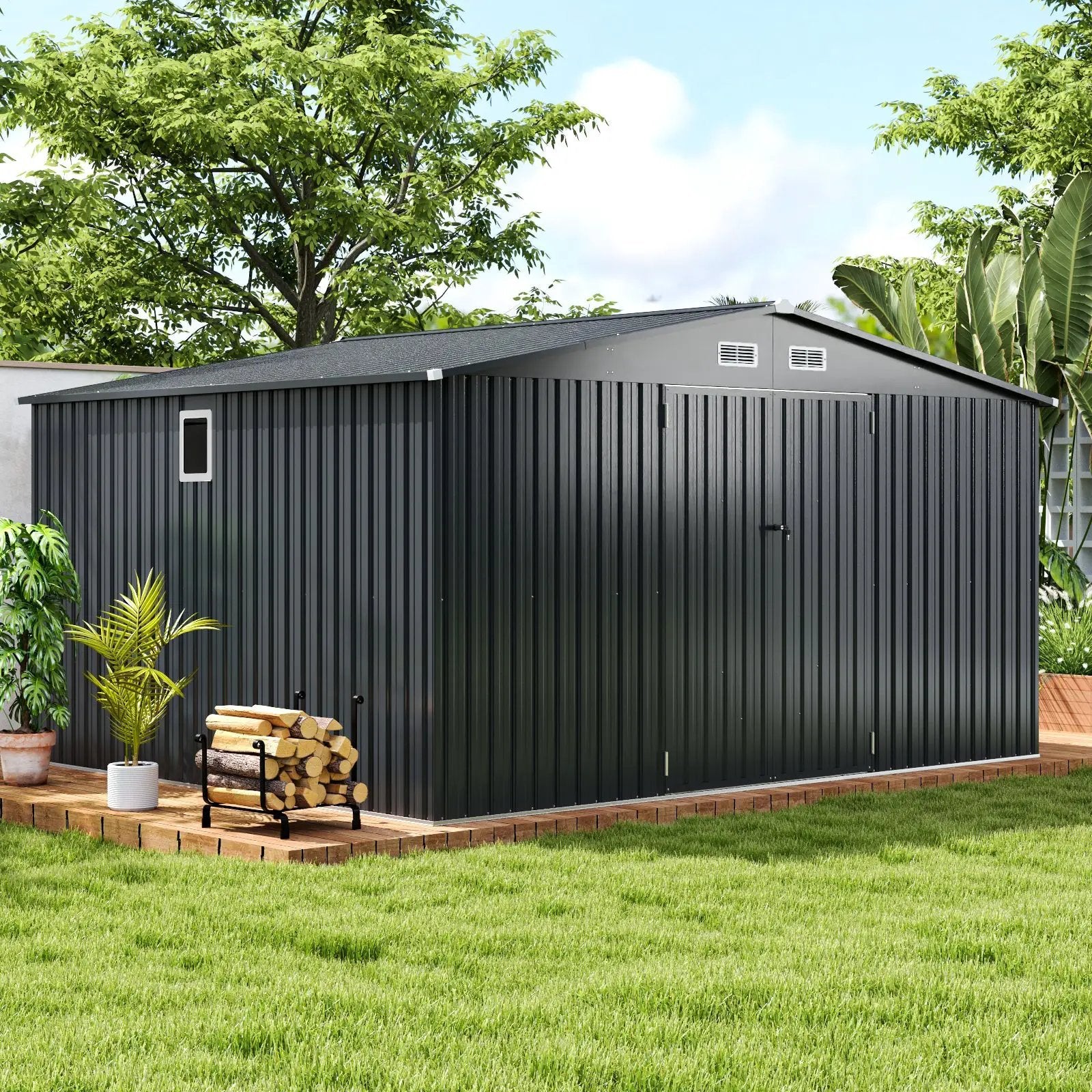 12 x 9.8 Feet Outdoor Storage Shed with Lockable Door and Pitched Roof-Gray by DirectDeals