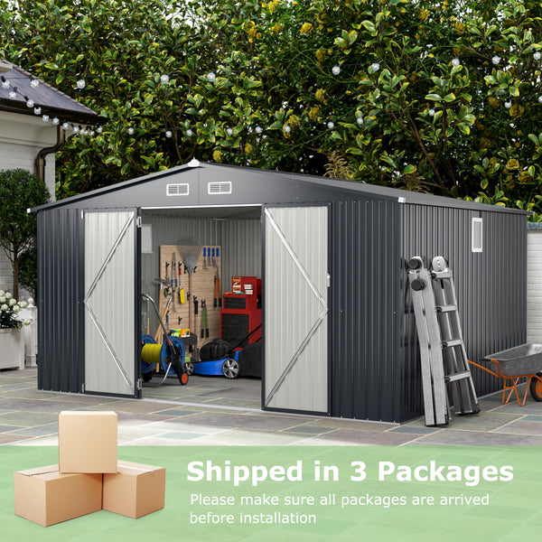 12 x 9.8 Feet Outdoor Storage Shed with Lockable Door and Pitched Roof-Gray, photo 2 of 8