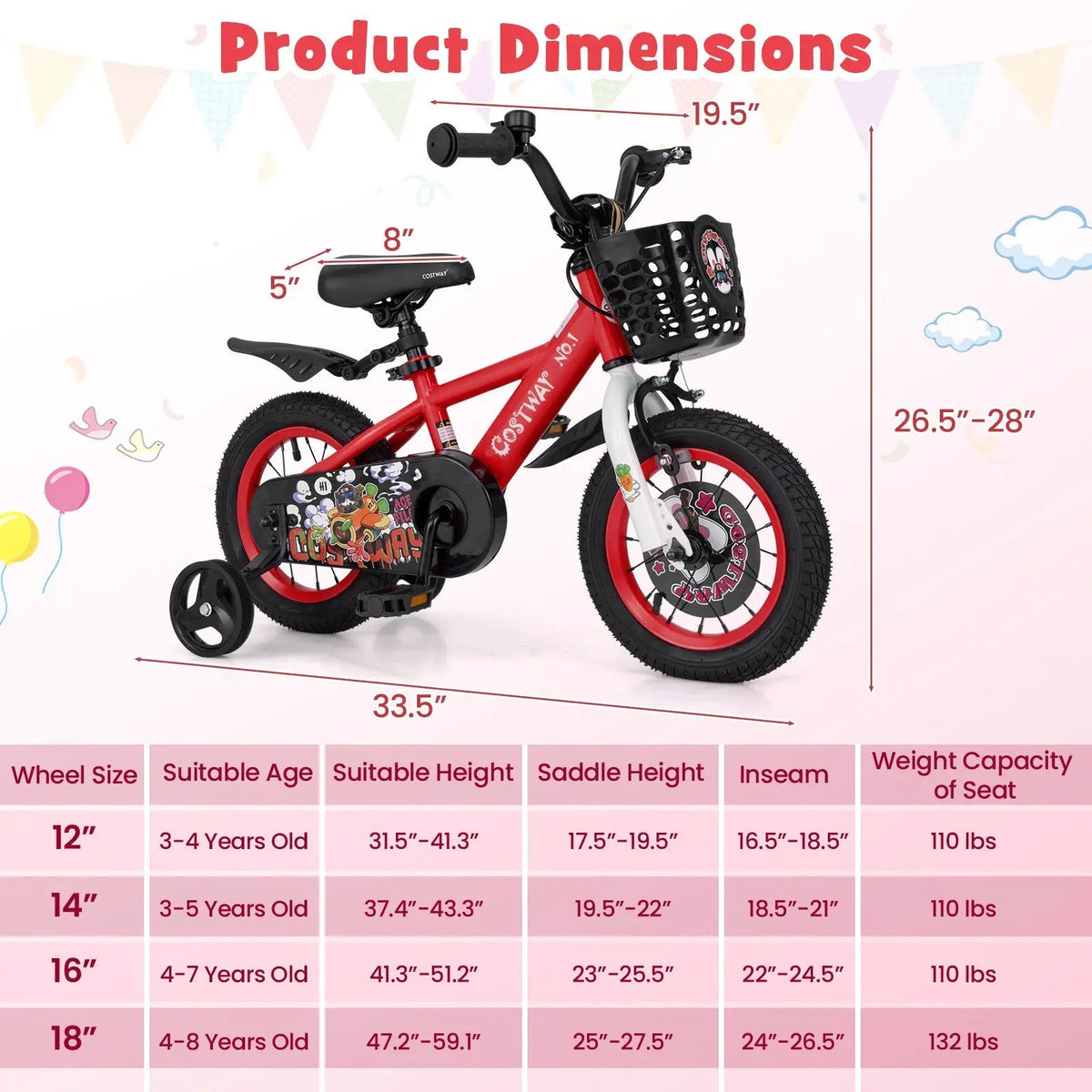 14 Inch Kids Bike Adjustable with Storage Basket and Double Brake for 3-5 Years Old-14 inches by DirectDeals