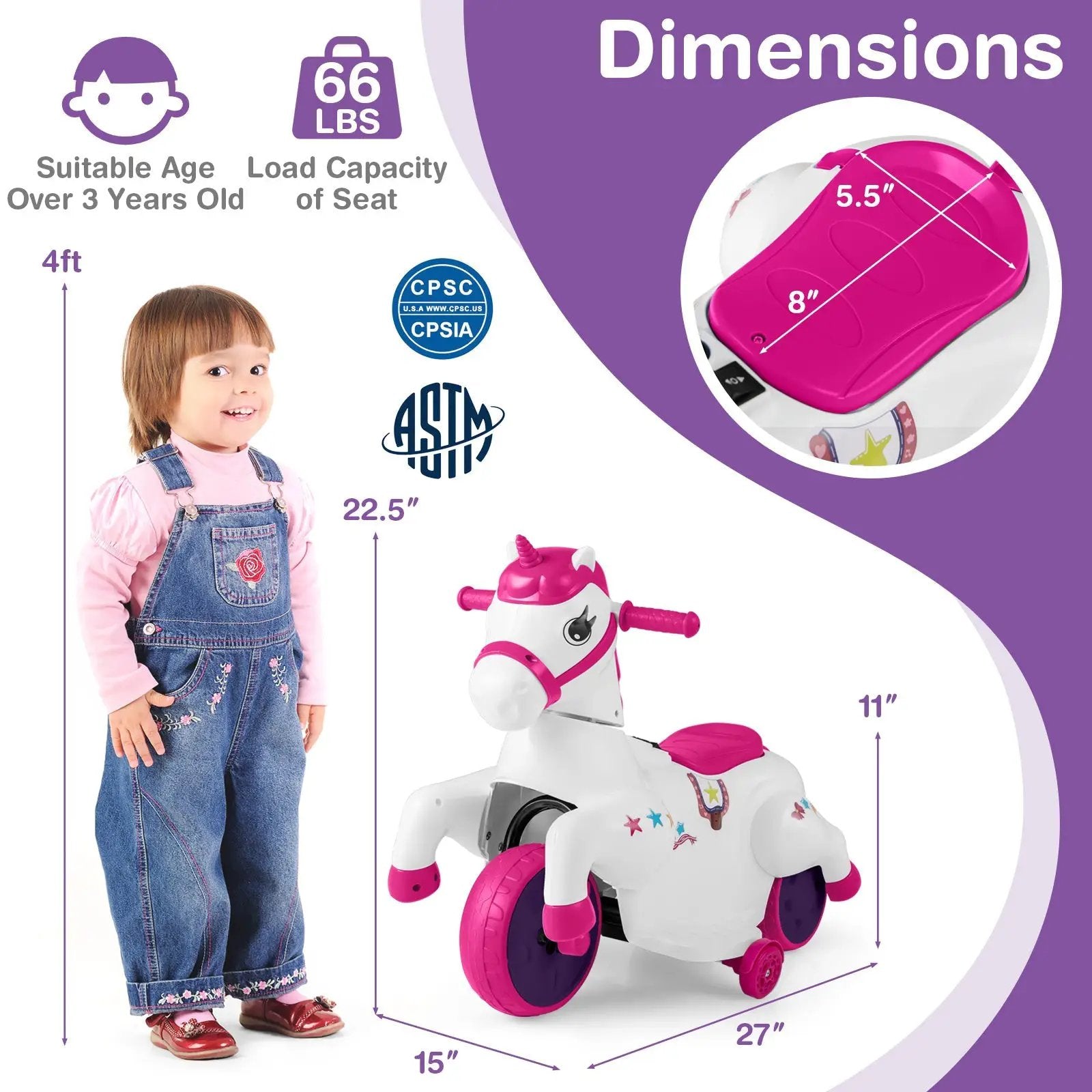 12V Unicorn Ride on Toy with Training Wheels and Horse Riding Mode by DirectDeals