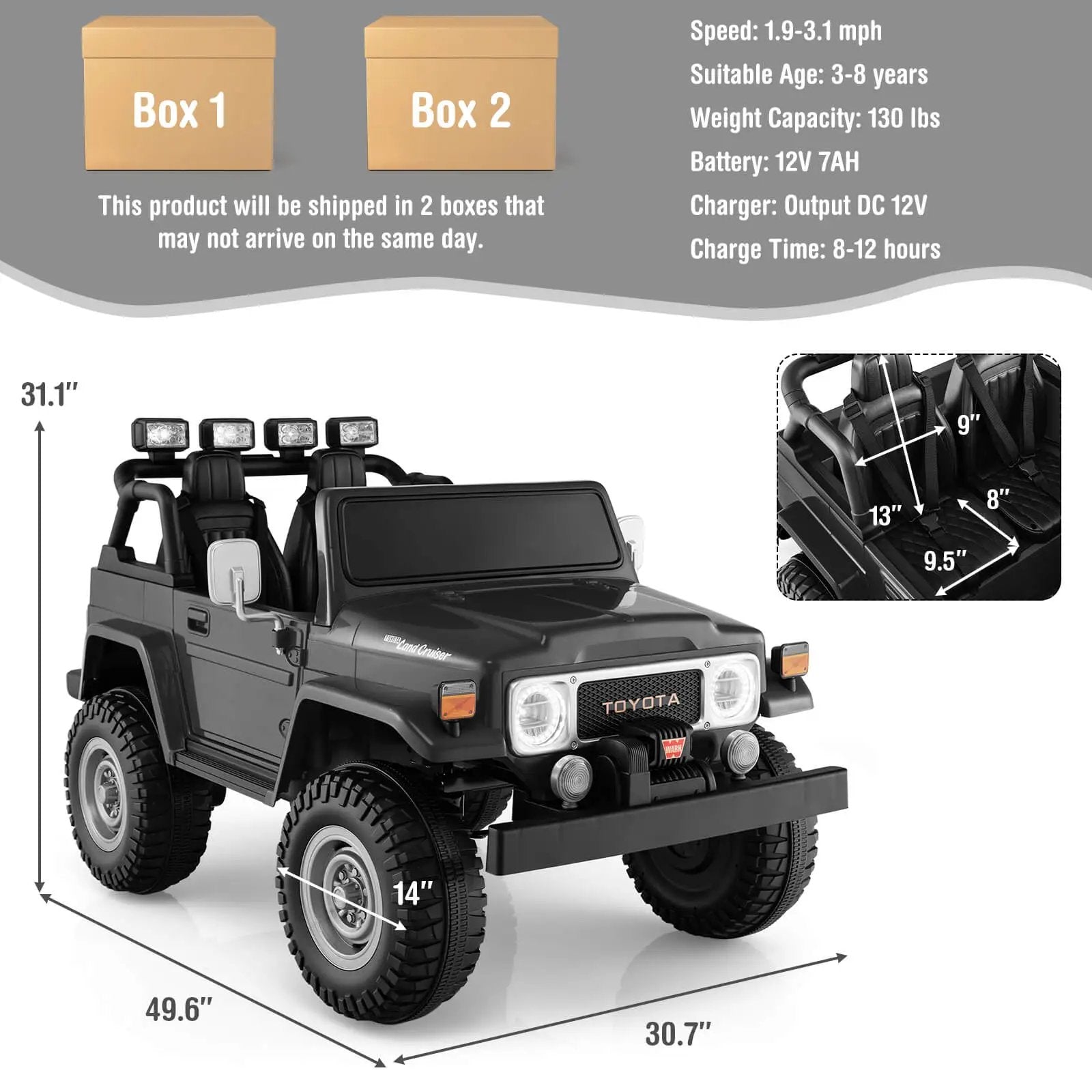 12V 2-Seat Licensed Kids Ride On Toyota FJ40 Car with 2.4G Remote Control by DirectDeals