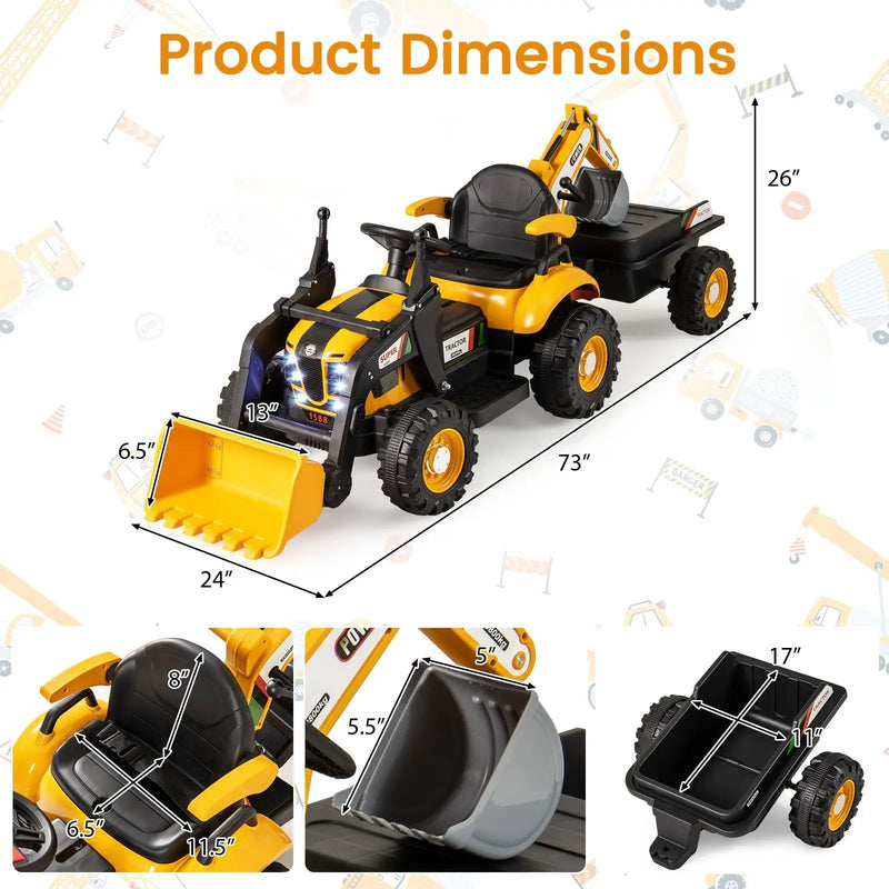 4-in-1 Kids Ride on Tractor 12V Excavator Bulldozer with Remote Control-Yellow by DirectDeals