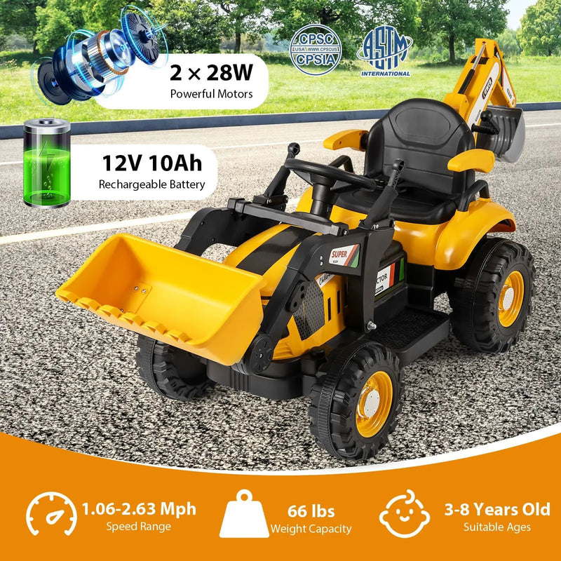 4-in-1 Kids Ride on Tractor 12V Excavator Bulldozer with Remote Control-Yellow by DirectDeals