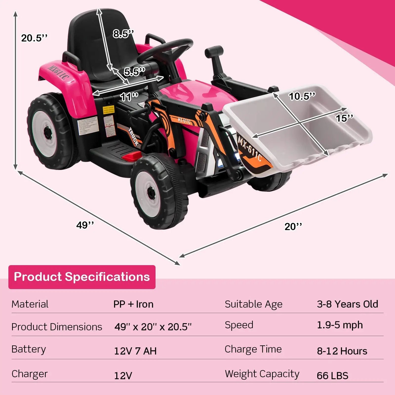 12V Battery Powered Kids Ride on Excavator with Adjustable Arm and Bucket by DirectDeals