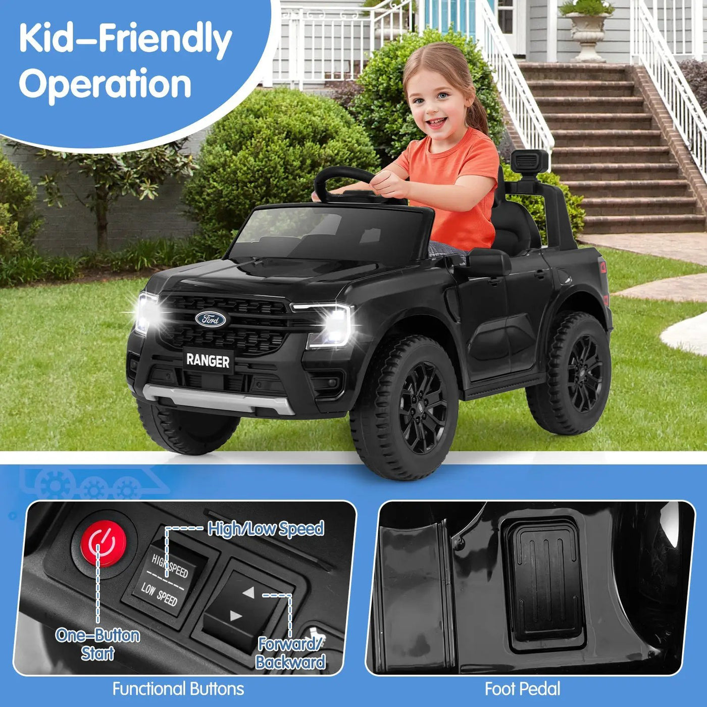 12V Electric Kids Ride on Car Licensed Ford Ranger with Remote Control and Music by DirectDeals
