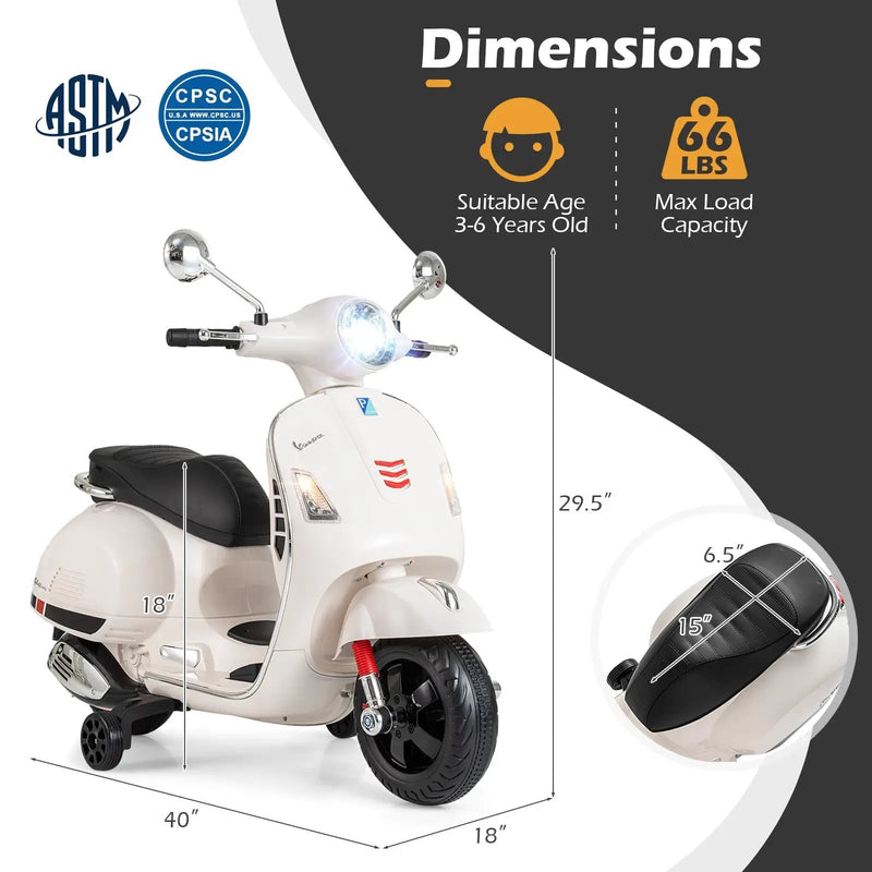 12V Kids Electric Motorcycle Licensed VESPA with Music and Training Wheels by DirectDeals