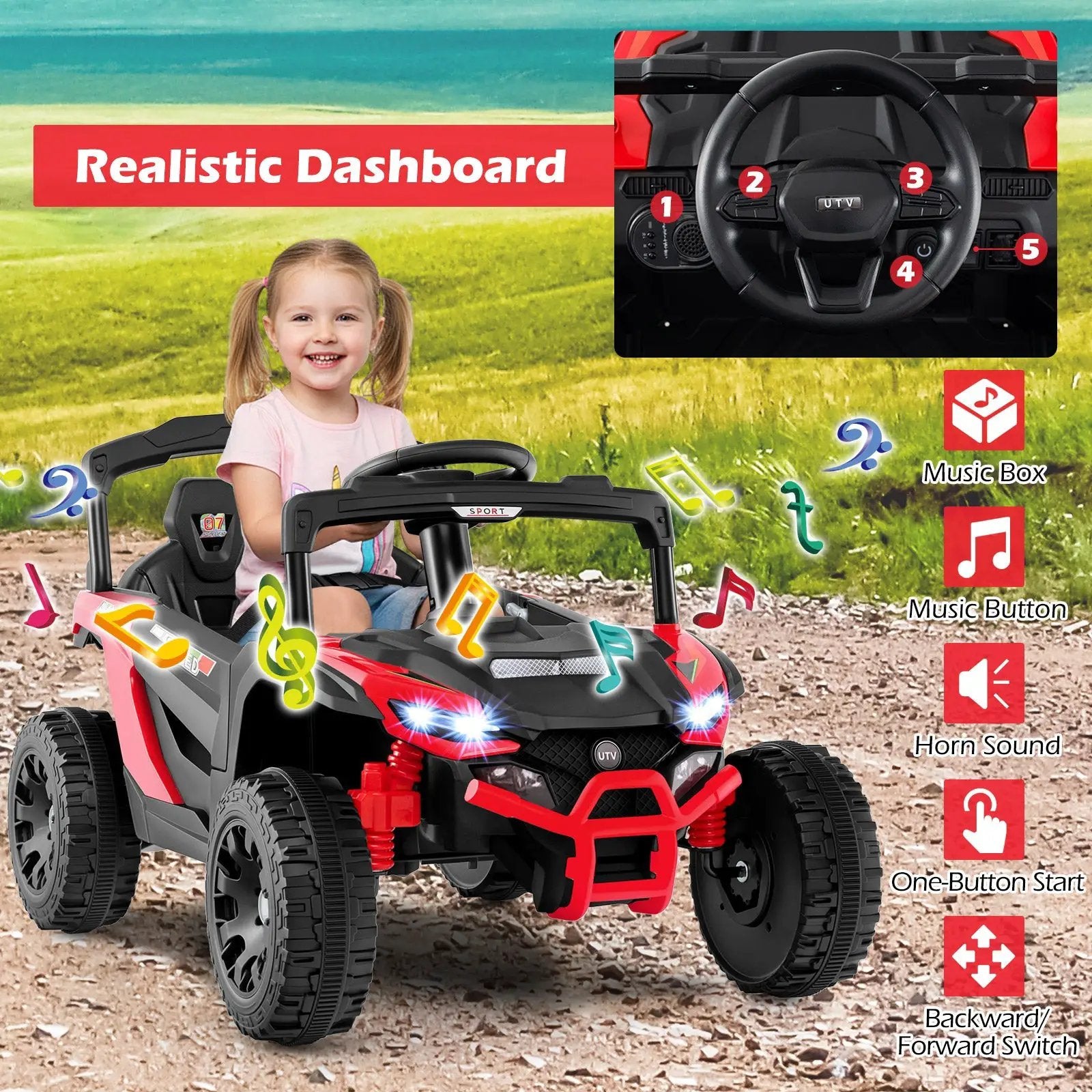 12V Kids Ride On Car UTV Electric Vehicle with LED Lights Music and Horn by DirectDeals