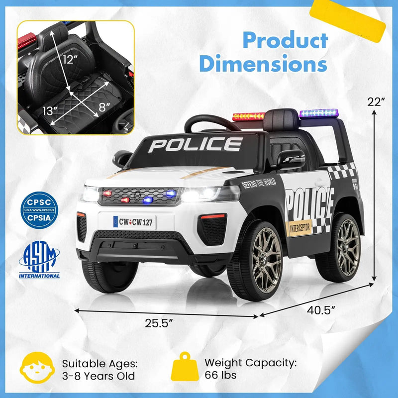 12V Kids Ride on Police Car with Remote and Siren Flashing Lights by DirectDeals