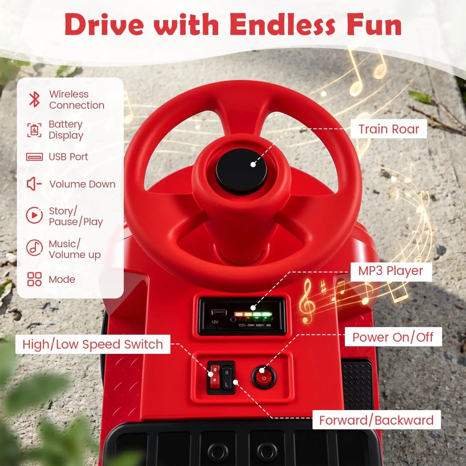 12V Kids Ride-On Train 3-Seater with Detachable Carriage by DirectDeals