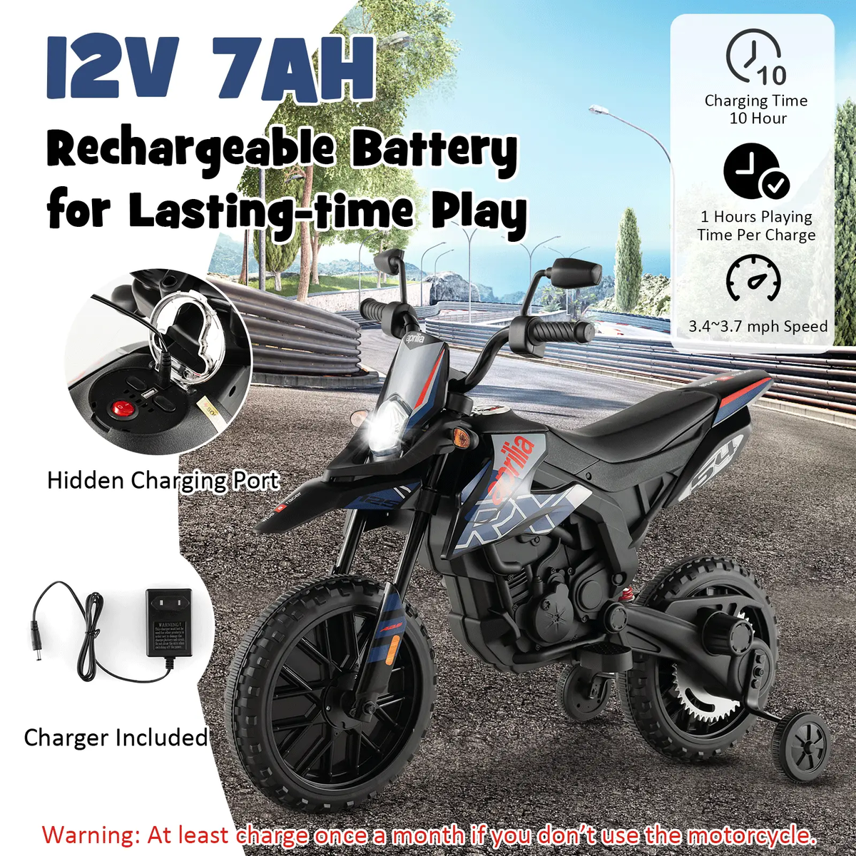 Aprilia Licensed Kids Ride On Motorcycle with 2 Training Wheels by DirectDeals