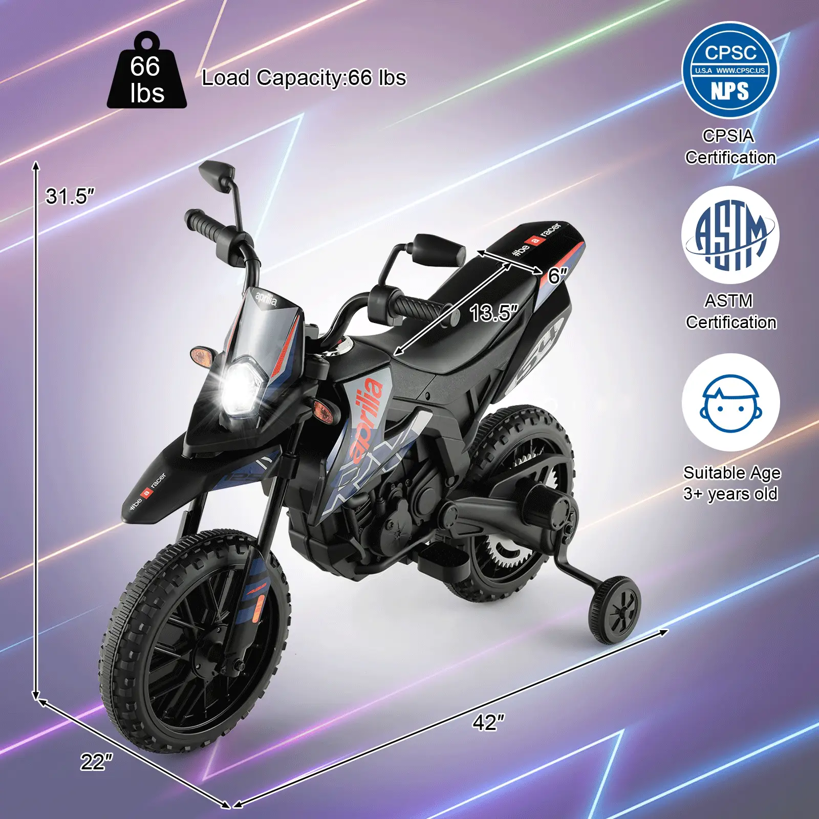 Aprilia Licensed Kids Ride On Motorcycle with 2 Training Wheels by DirectDeals